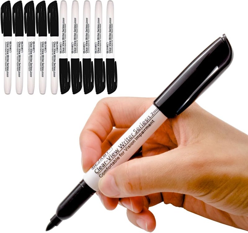 Bejamy (PACK of 10, Bullet Tip-1.2mm, BLACK ink) Clear-View Writer Bold Writing Pen,Water-Based Pigment Low Vision Marker,Assistive Writing Tool for Visual Impairment,Odorless,Non-Toxic,No Oil,Alcohol Free - Image 1